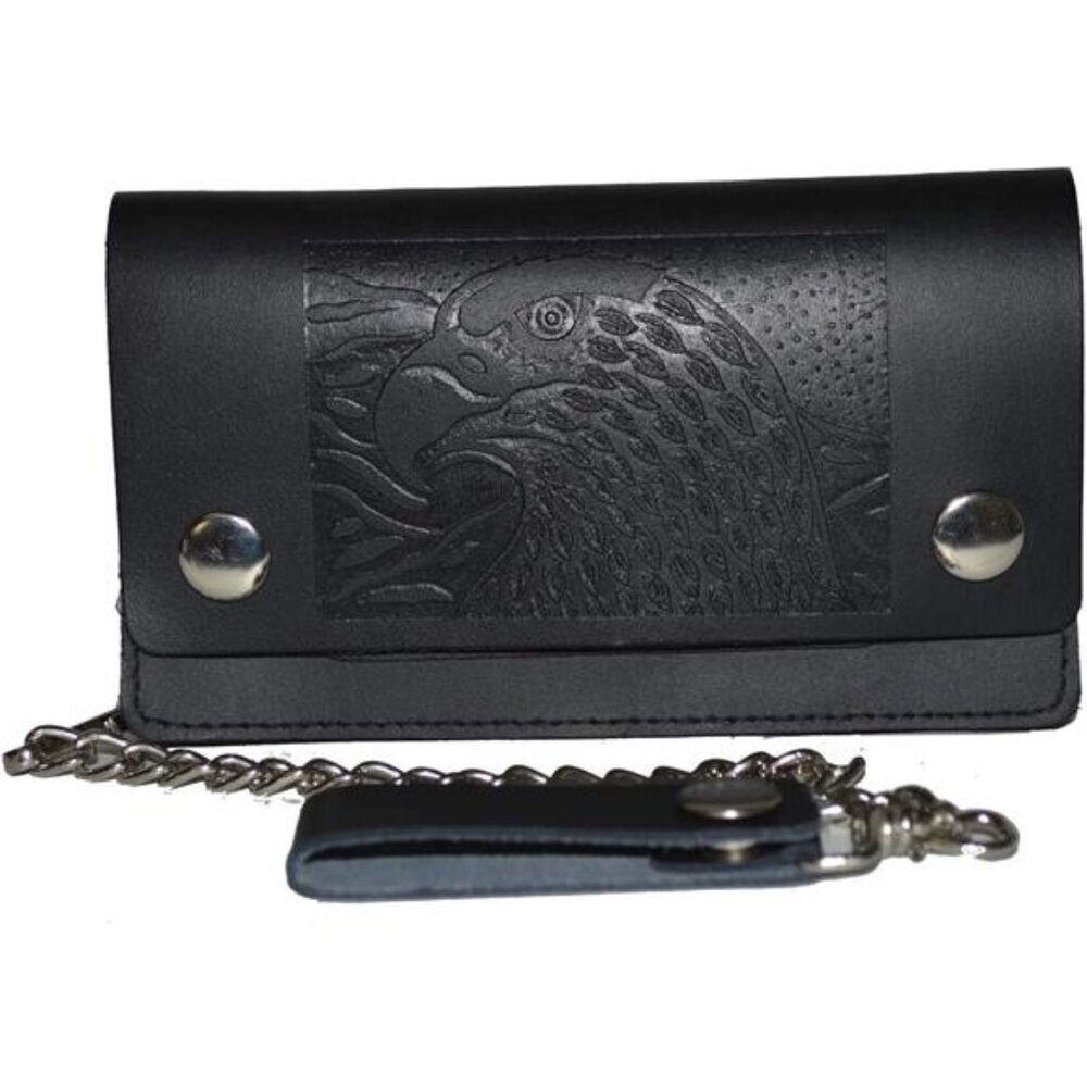 Genuine Leather Men Trifold Eagle Biker Chain Wallet Credit Card Holder
